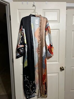 Colorblock Satin Duster Robe - Black, Beige, Red, Blue